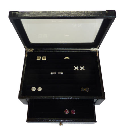 Black Croc Jewelry Box Cufflink Case & Ring Storage Organizer