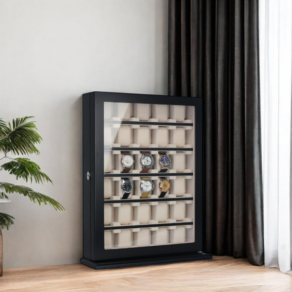 30 Watch Black Wood Watch Display Case and Storage Organizer Box