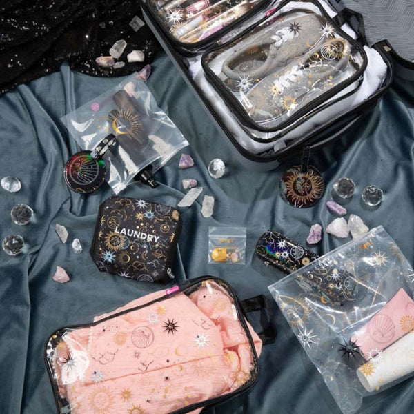 Miamica Black Gold "Laundry" Bag Moon and Stars, TRAVEL EXPANDABLE LAUNDRY BAG DRAWSTRING