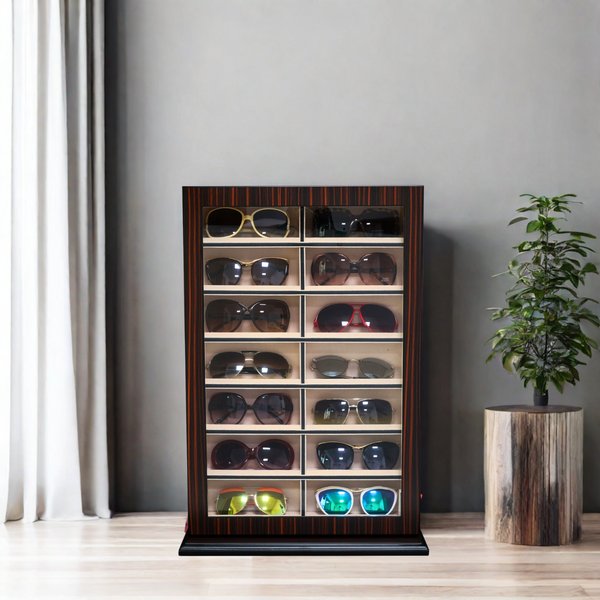 14 Piece Large Ebony Wood Eyeglass Sunglass Display Wall Hanging Case and Storage Organizer Box and Stand