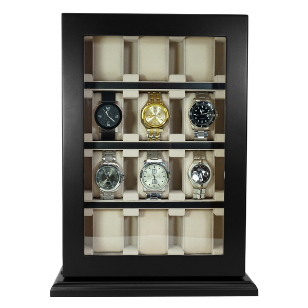 Personalized 12 Piece Black Ebony Wood Watch Wall Hanging Display Case and Storage Organizer Box and Stand for Oversized Watches
