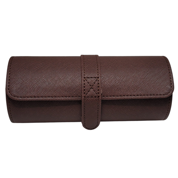 3 Watch Roll Brown Saffiano Travel Watch Bracelet Case