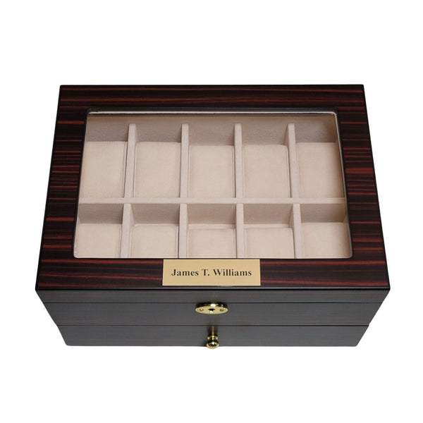 20 Piece Personalized Ebony Walnut Wood Watch Display Case and Storage Organizer Box