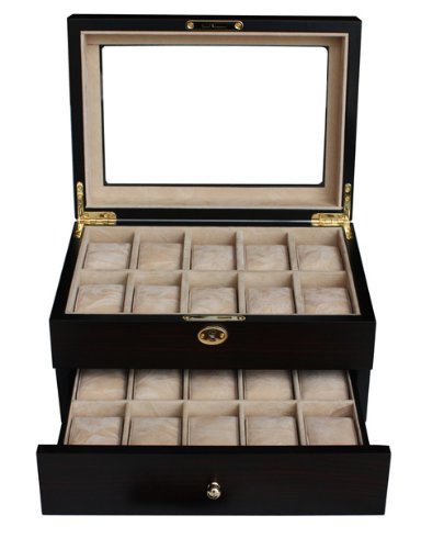 20 Piece Personalized Ebony Walnut Wood Watch Display Case and Storage Organizer Box