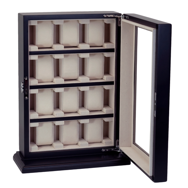 12 Piece Black Ebony Wood Watch Wall Hanging Display Case and Storage Organizer Box and Stand for Oversized Watches