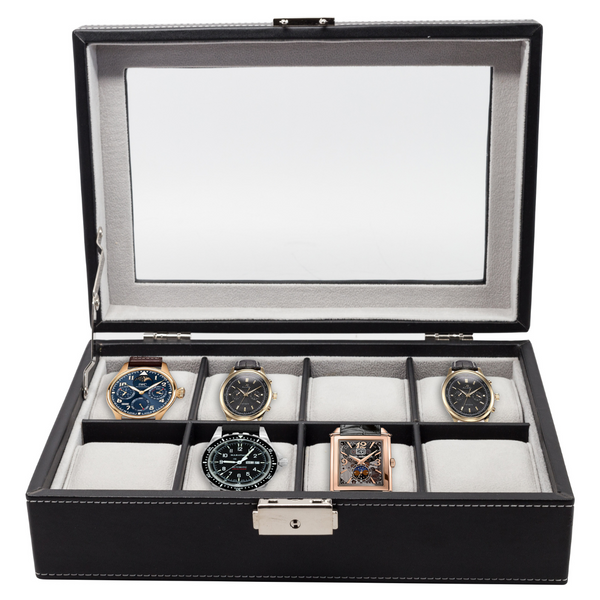 PRE-SALE 8 WATCH BLACK LEATHERETTE WATCH DISPLAY CASE FOR OVERSIZED WATCHES
