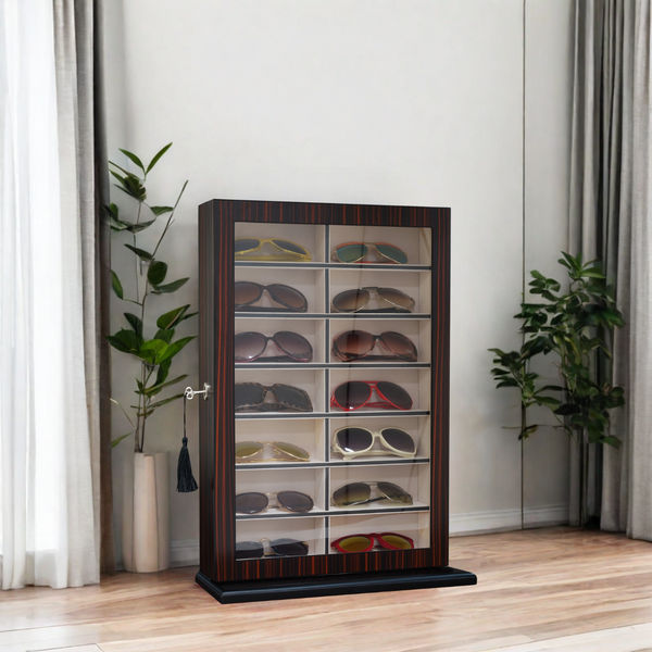 14 Piece Large Ebony Wood Eyeglass Sunglass Display Wall Hanging Case and Storage Organizer Box and Stand