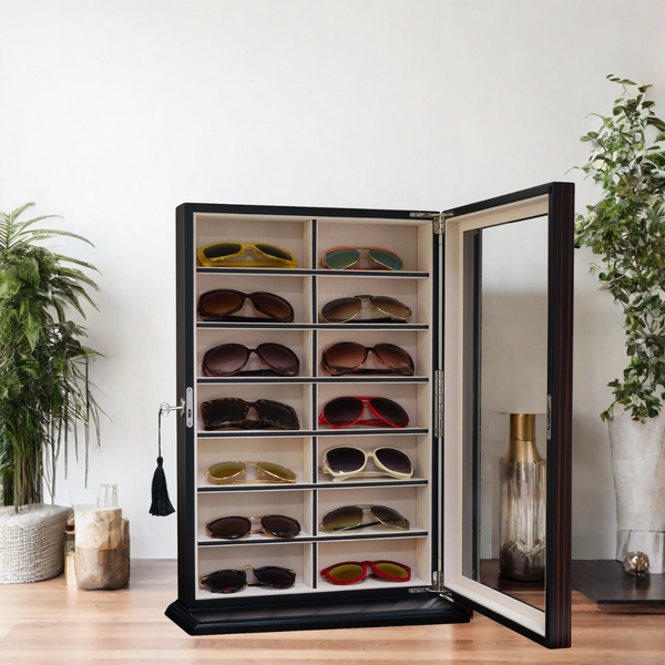 14 Piece Large Ebony Wood Eyeglass Sunglass Display Wall Hanging Case and Storage Organizer Box and Stand