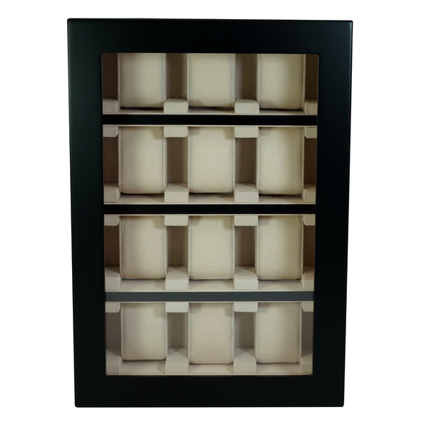 Personalized 12 Piece Black Ebony Wood Watch Wall Hanging Display Case and Storage Organizer Box and Stand for Oversized Watches