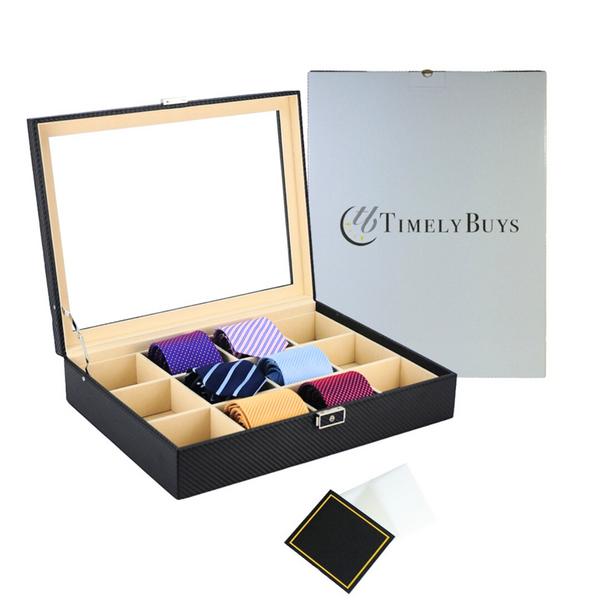 12 Piece Black Carbon Fiber Tie Display Case
