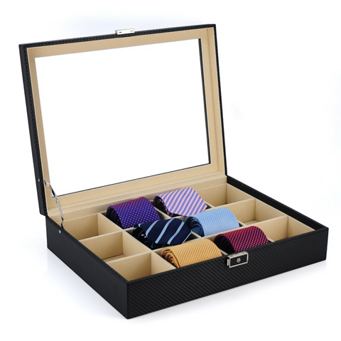 12 Piece Black Carbon Fiber Tie Display Case