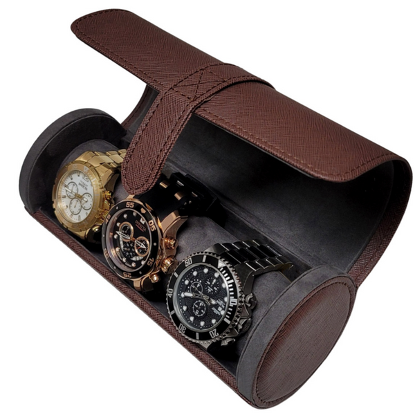 3 Watch Roll Brown Saffiano Travel Watch Bracelet Case