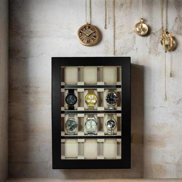 Personalized 12 Piece Black Ebony Wood Watch Wall Hanging Display Case and Storage Organizer Box and Stand for Oversized Watches