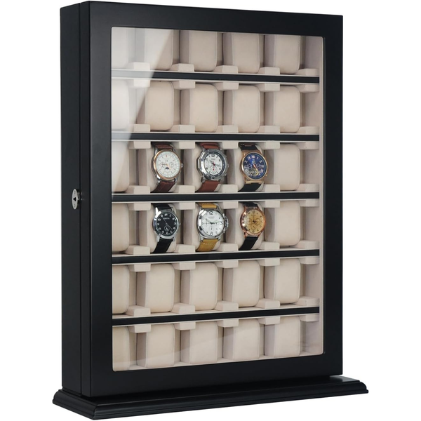 30 Watch Black Wood Watch Display Case and Storage Organizer Box