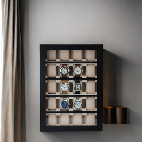 12 Piece Black Ebony Wood Watch Wall Hanging Display Case and Storage Organizer Box and Stand for Oversized Watches
