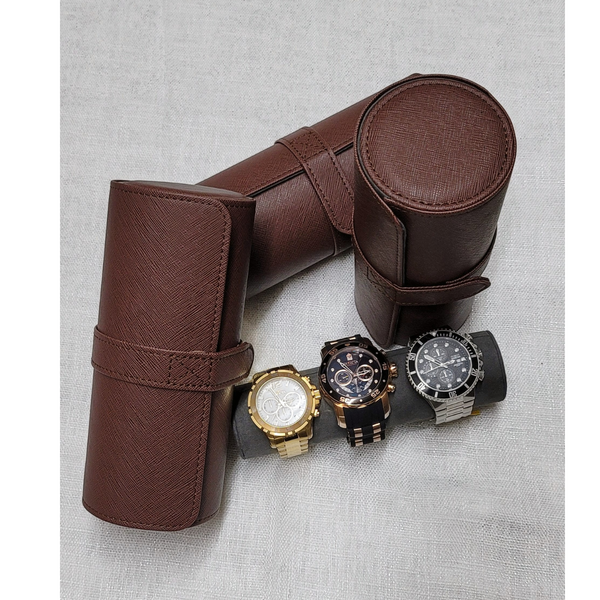 3 Watch Roll Brown Saffiano Travel Watch Bracelet Case