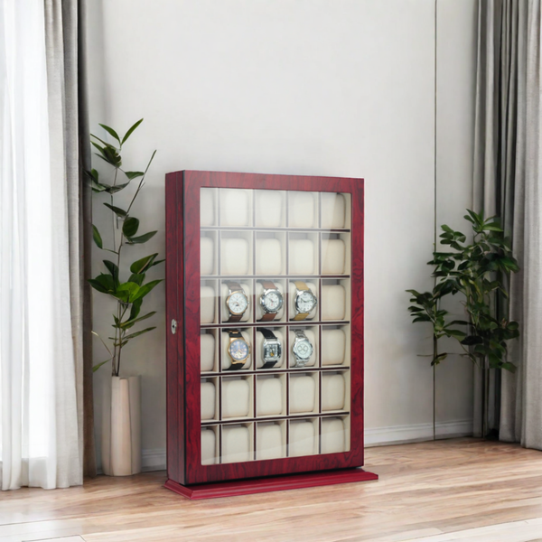 PRE-SALE 30 Slot Cherry Wood Watch Display Wall Hanging Case and Storage Organizer Box and Stand for Oversized Watches