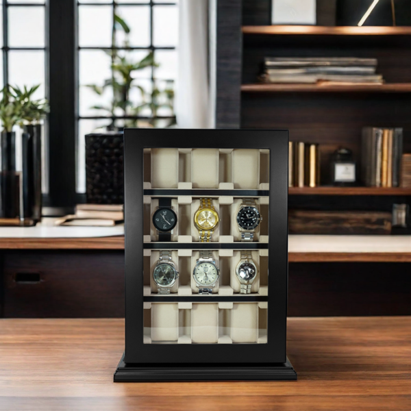 Personalized 12 Piece Black Ebony Wood Watch Wall Hanging Display Case and Storage Organizer Box and Stand for Oversized Watches