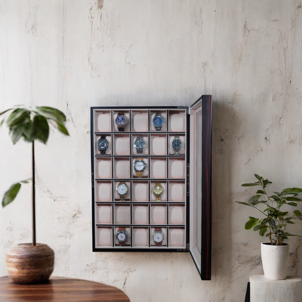 30 Slot Ebony Wood Watch Display Wall Hanging Case and Storage Organizer Box and Stand for Oversized Watches