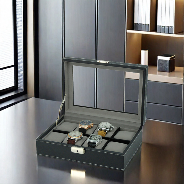 8 Watch Black Leatherette Watch Display Case For Oversized Watches