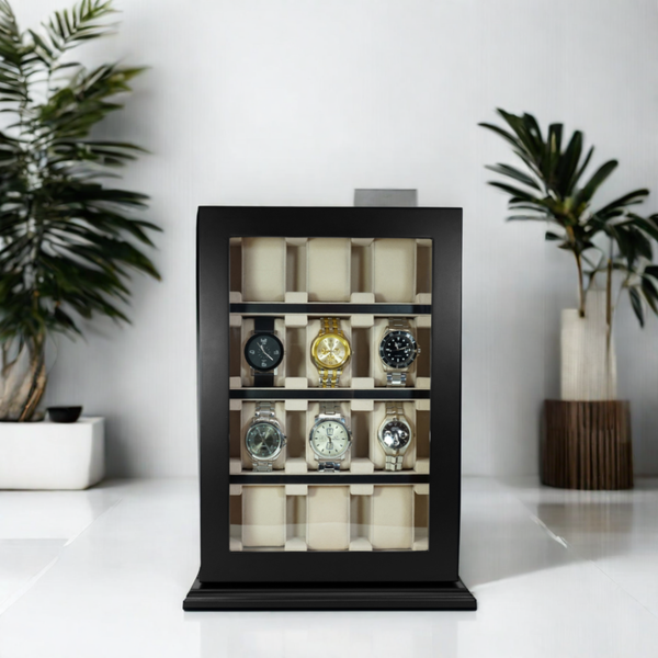 Personalized 12 Piece Black Ebony Wood Watch Wall Hanging Display Case and Storage Organizer Box and Stand for Oversized Watches