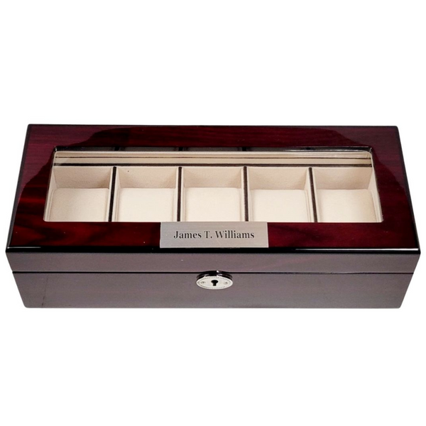 Personalized 5 Watch Cherry Lacquer Wood Watch Display Case and Storage Organizer Box