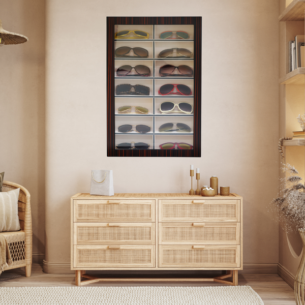 14 Piece Large Ebony Wood Eyeglass Sunglass Display Wall Hanging Case and Storage Organizer Box and Stand