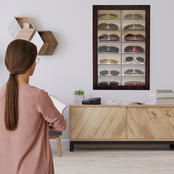 14 Piece Large Ebony Wood Eyeglass Sunglass Display Wall Hanging Case and Storage Organizer Box and Stand