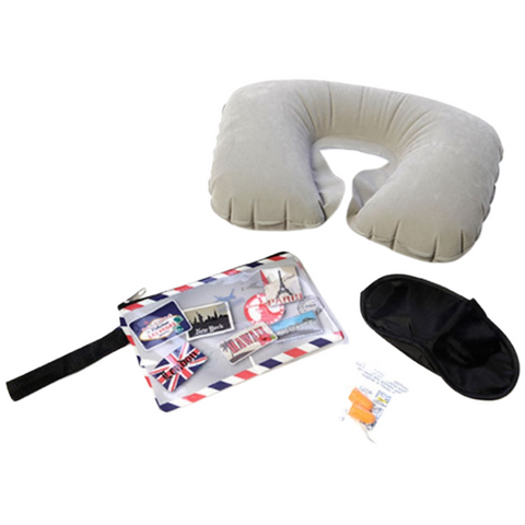 Miamica Vintage Stamps Travel Kit with Inflatable Travel Pillow, Eye Mask, Earplugs and Tolietry Bag