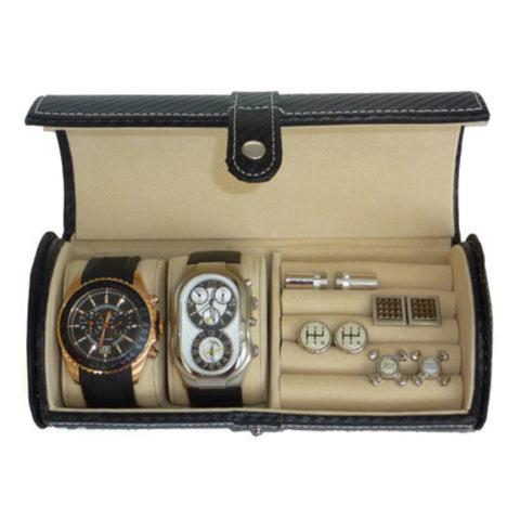 2 Watch Roll Black Carbon Fiber Travel Case for Watches and Cufflinks