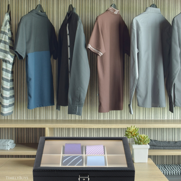 12 Piece Black Carbon Fiber Tie Display Case