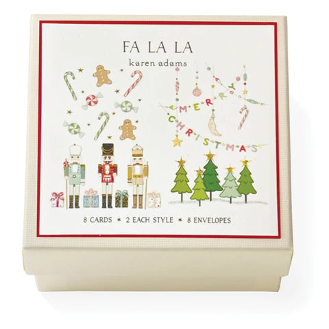 Karen Adams Fa La La Gift Enclosure Box of 8 Assorted Christmas Cards with Vellum Envelopes