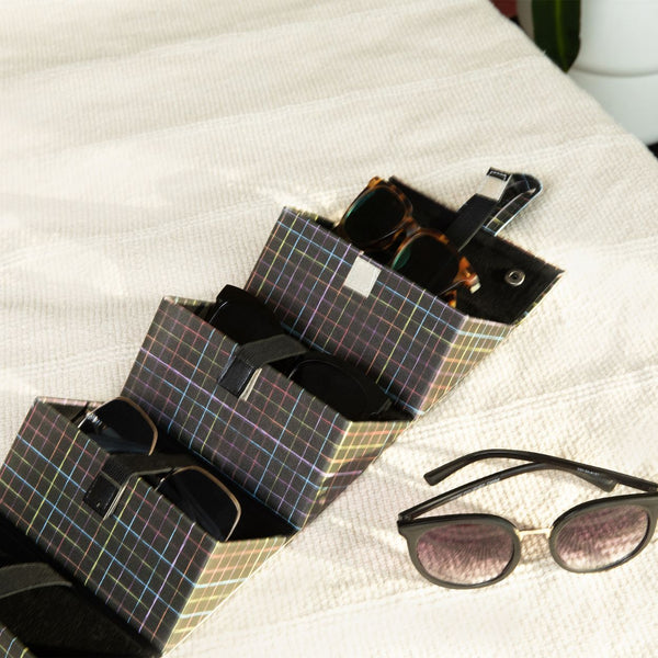 MIAMICA Sunglass Organizer Case Eyeglass Holder Hanging Storage Travel Box 4 Slots - Rainbow Grid