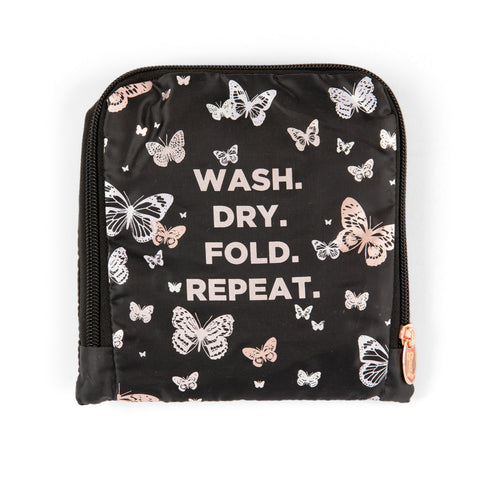 Miamica Black Butterfly "Wash Repeat" ,TRAVEL EXPANDABLE LAUNDRY BAG DRAWSTRING
