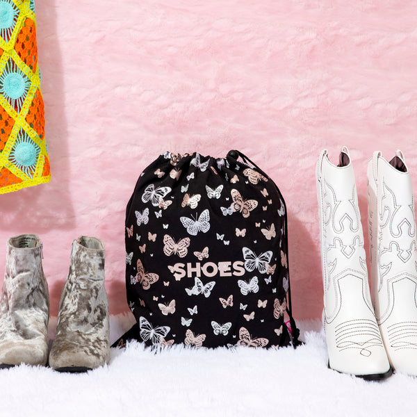 MIAMICA DRAWSTRING BLACK BUTTERFLY TRAVEL SHOE BAG - SHOES