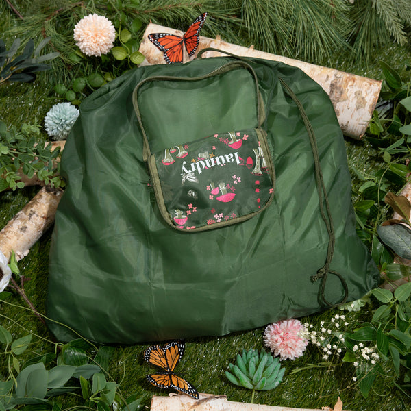 Miamica Green Mushroom "Laundry" ,TRAVEL EXPANDABLE LAUNDRY BAG DRAWSTRING