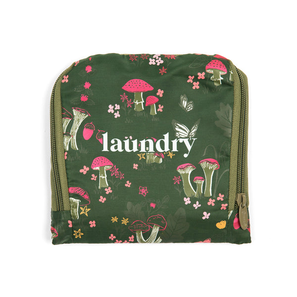 Miamica Green Mushroom "Laundry" ,TRAVEL EXPANDABLE LAUNDRY BAG DRAWSTRING