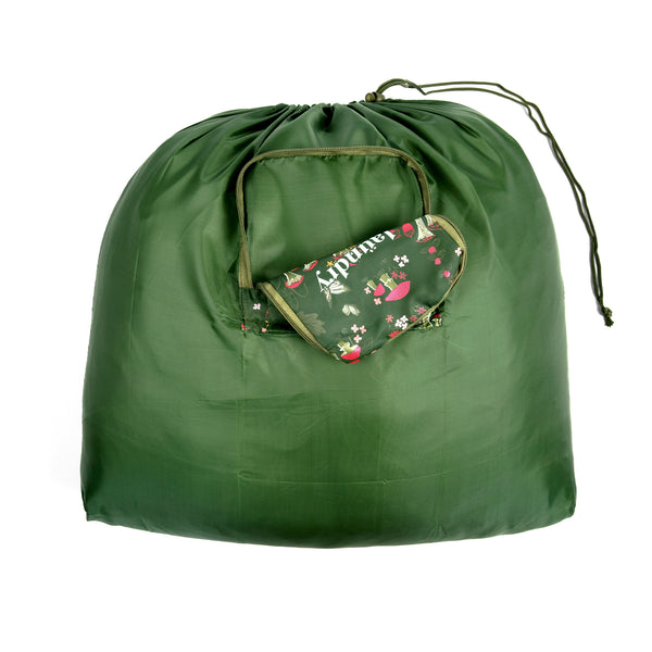 Miamica Green Mushroom "Laundry" ,TRAVEL EXPANDABLE LAUNDRY BAG DRAWSTRING