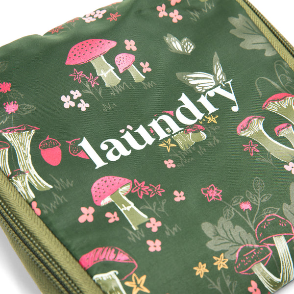 Miamica Green Mushroom "Laundry" ,TRAVEL EXPANDABLE LAUNDRY BAG DRAWSTRING