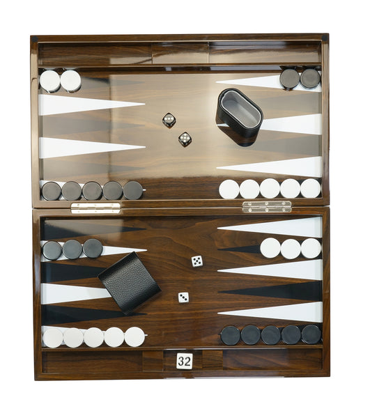 TIMELYBUYS Personalized Deluxe Wood 18" Lacquered Backgammon Board Game Set with Premium Leather Dice Cups and Acrylic Game Chips - Walnut