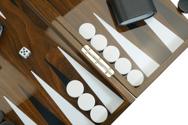 TIMELYBUYS Personalized Deluxe Wood 18" Lacquered Backgammon Board Game Set with Premium Leather Dice Cups and Acrylic Game Chips - Walnut