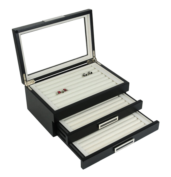PRE-SALE Black Ebony Wood Cufflink Case & Ring Storage Organizer with Stainless Steel Engravable Design Accent Men's Jewelry Box for 108 Cufflinks
