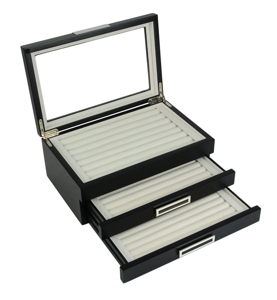PRE-SALE Black Ebony Wood Cufflink Case & Ring Storage Organizer with Stainless Steel Engravable Design Accent Men's Jewelry Box for 108 Cufflinks