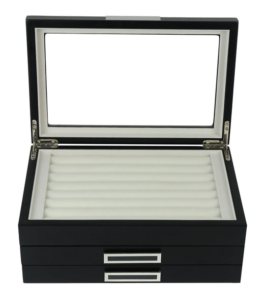 PRE-SALE Black Ebony Wood Cufflink Case & Ring Storage Organizer with Stainless Steel Engravable Design Accent Men's Jewelry Box for 108 Cufflinks