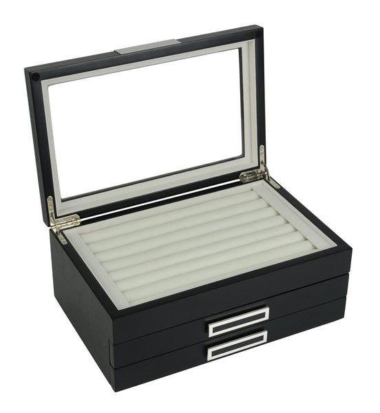 PRE-SALE Black Ebony Wood Cufflink Case & Ring Storage Organizer with Stainless Steel Engravable Design Accent Men's Jewelry Box for 108 Cufflinks