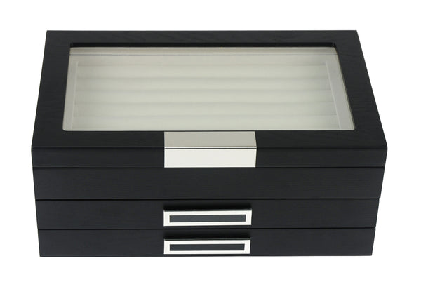 PRE-SALE Black Ebony Wood Cufflink Case & Ring Storage Organizer with Stainless Steel Engravable Design Accent Men's Jewelry Box for 108 Cufflinks