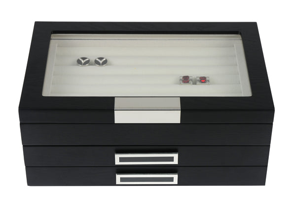PRE-SALE Black Ebony Wood Cufflink Case & Ring Storage Organizer with Stainless Steel Engravable Design Accent Men's Jewelry Box for 108 Cufflinks