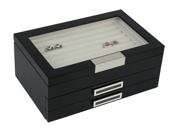 PRE-SALE Black Ebony Wood Cufflink Case & Ring Storage Organizer with Stainless Steel Engravable Design Accent Men's Jewelry Box for 108 Cufflinks