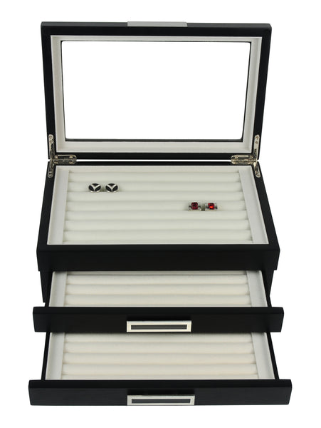PRE-SALE Black Ebony Wood Cufflink Case & Ring Storage Organizer with Stainless Steel Engravable Design Accent Men's Jewelry Box for 108 Cufflinks