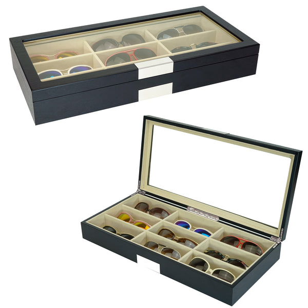 9 Piece Large Black Wood Eyeglass Sunglass One Level Glasses Display Case Storage Box